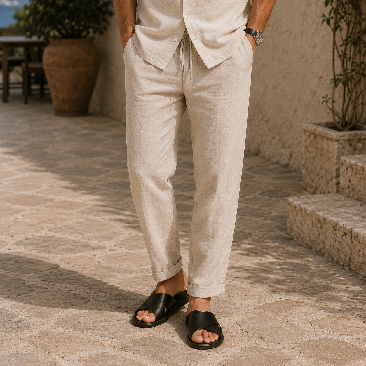 Sandália Chinelo Masculino de Couro Estilo Italiano com Tiras Cruzadas