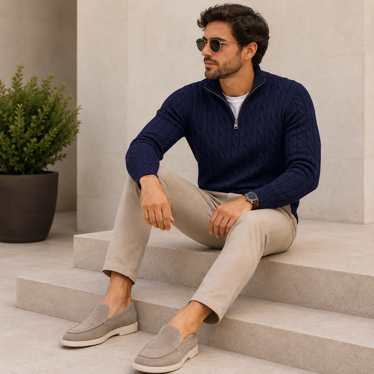 Suéter Maculino com Zipper Estilo Tricô